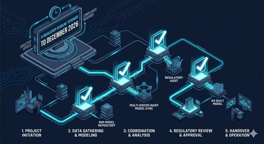 Diagramme workflow BIM avec horloge réglementaire UE et 4 actions IA à cocher   avant décembre 2026.