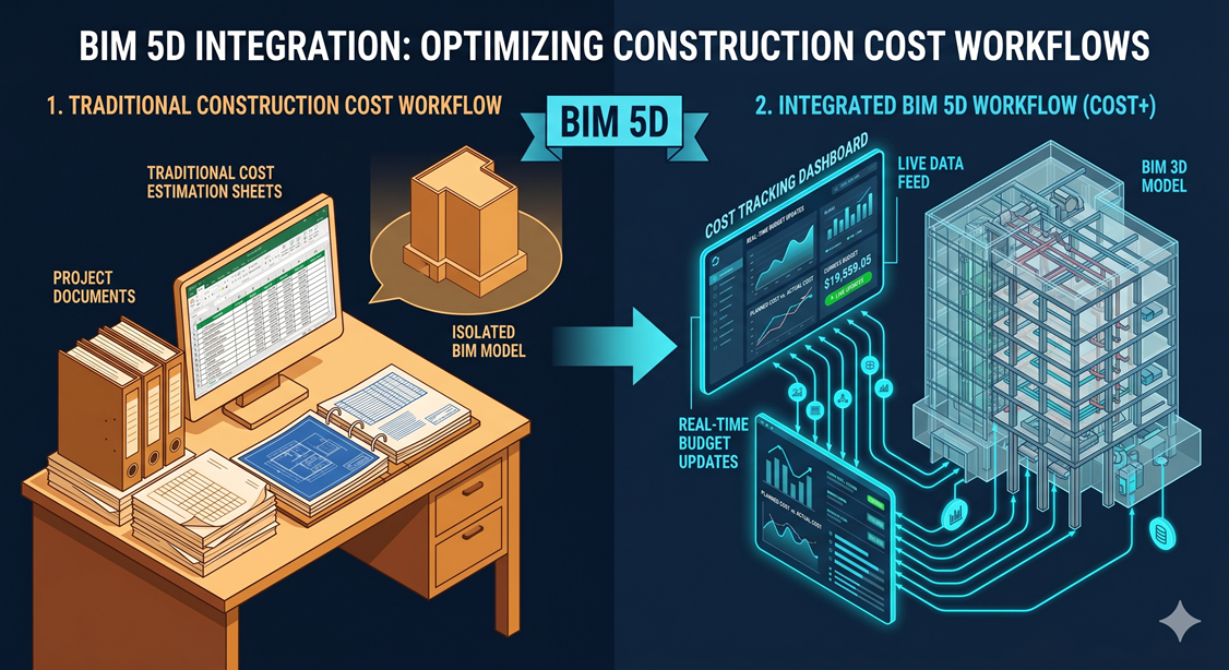 Maquette BIM connectée à un tableau de bord de suivi budgétaire en temps réel,   illustration du BIM 5D