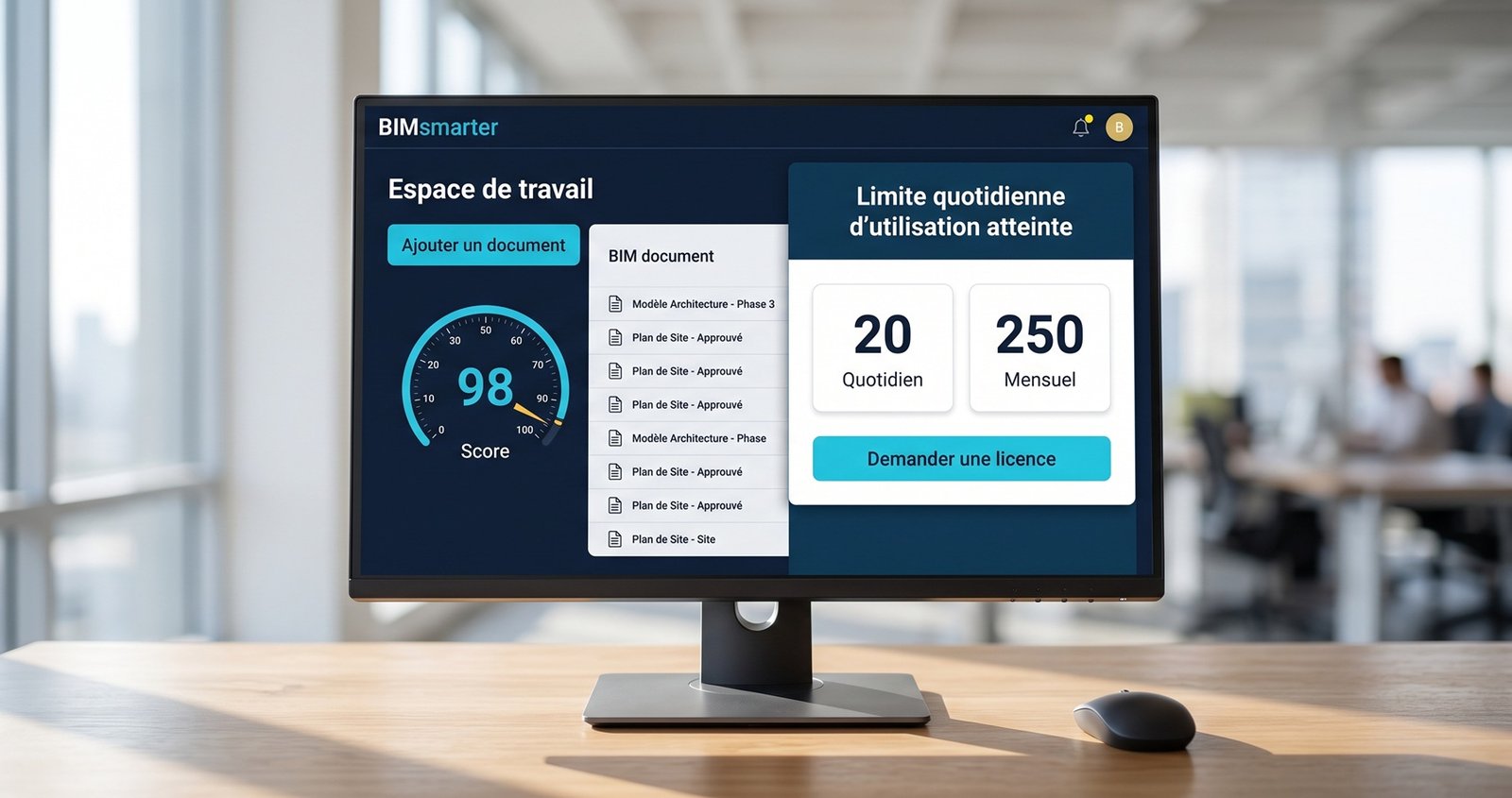Quotas des apps BIMsmarter V2 affichés dans un tableau de bord BIM