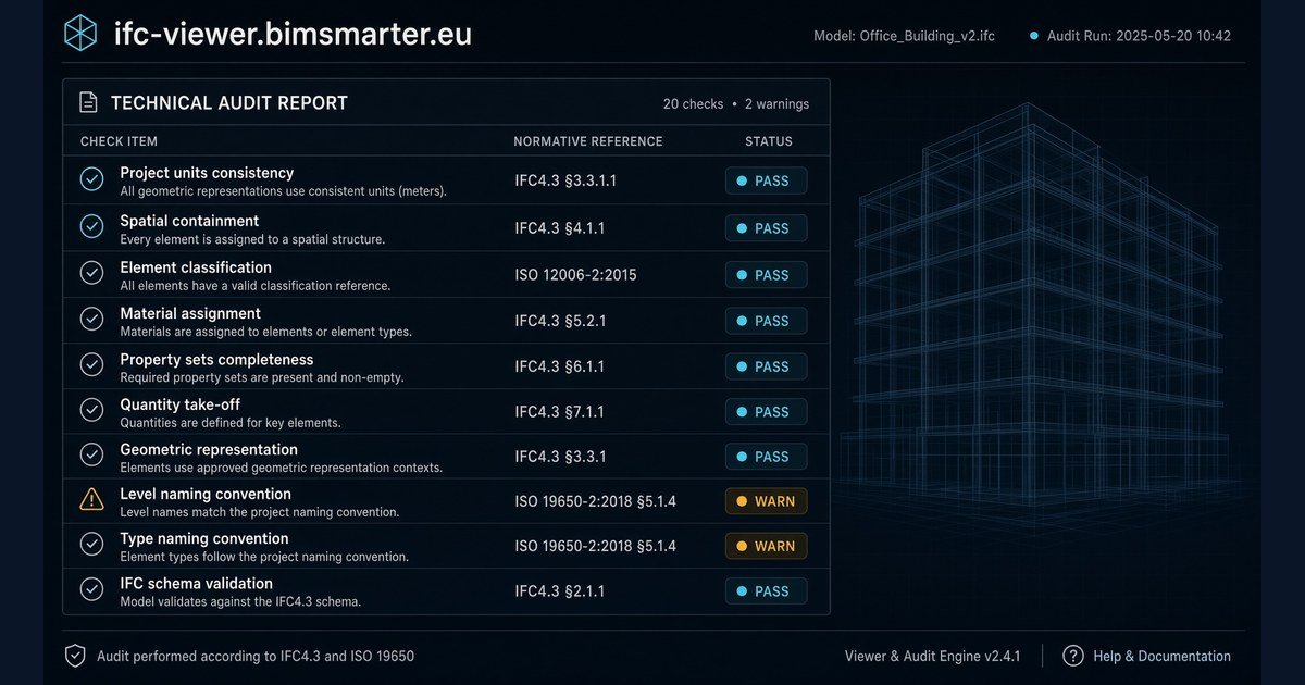 Audit IFC avec référence normative citée pour chaque contrôle, IFC Viewer BIMsmarter