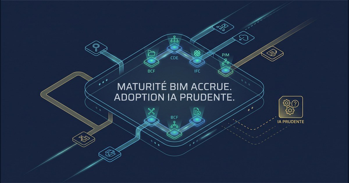 Maturité BIM accrue et adoption IA prudente : chaîne d'information reliant CDE, BCF, IFC et PIM, avec la couche IA maintenue en périphérie