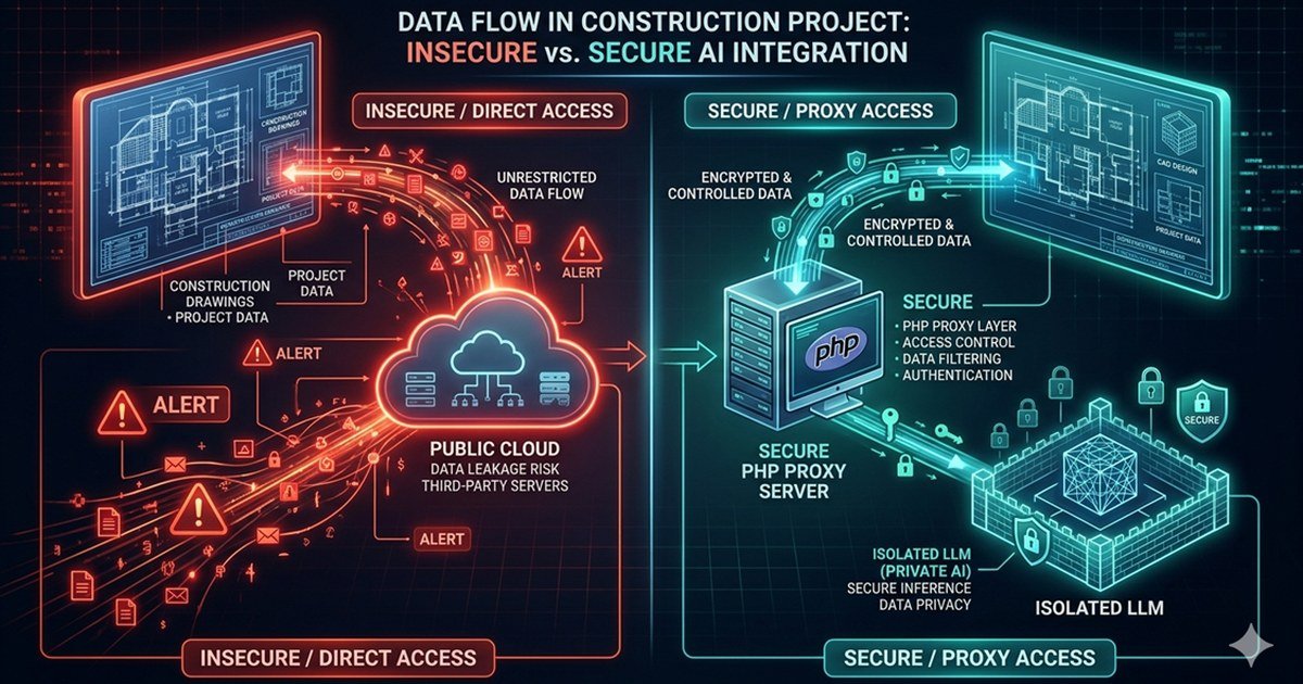Comparaison de deux flux de données de projet de construction vers un LLM : à gauche un accès direct non cloisonné vers un cloud public, à droite un accès via un serveur proxy PHP qui filtre et authentifie avant d'atteindre un modèle isolé