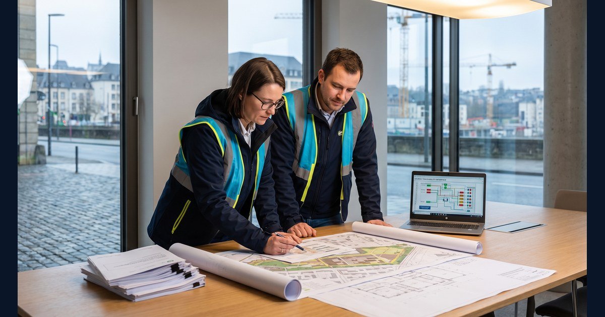 Deux ingénieurs examinant des plans d'aménagement et une interface de traçabilité des sources lors d'une pré-évaluation de site au Luxembourg