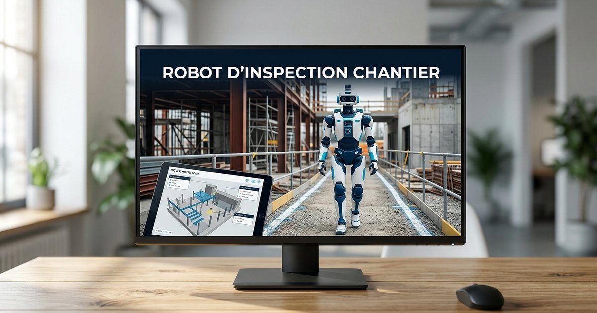 Robot humanoïde inspectant un chantier sur un itinéraire défini.