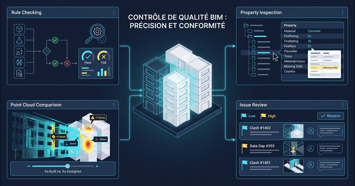 Contrôle qualité BIM : rule checking, comparaison avec nuage de points, inspection des propriétés et revue des écarts autour d'une maquette fédérée