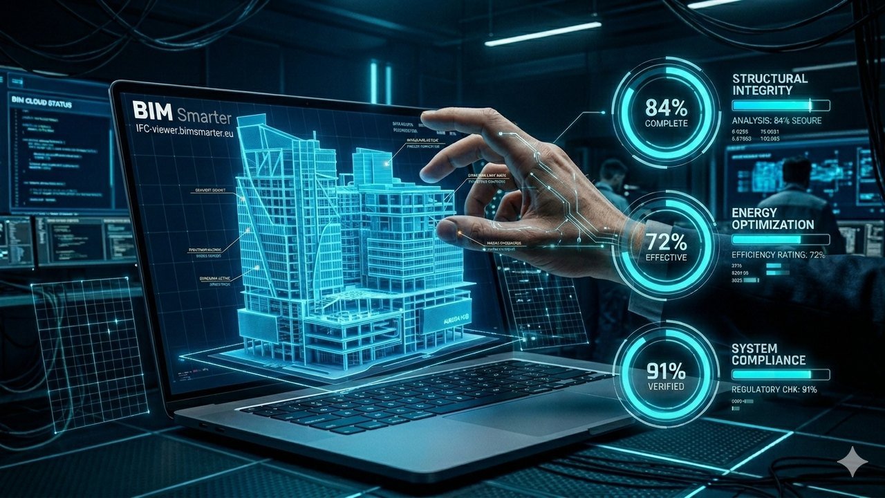 Maquette IFC affichée en hologramme au-dessus d'un ordinateur portable, avec les indicateurs d'audit BIMsmarter : intégrité structurelle, optimisation énergétique et conformité système